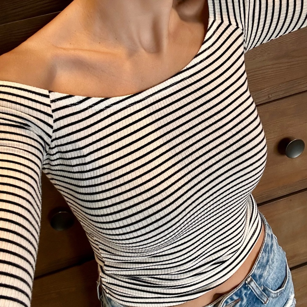 Hollister Black and White Striped Off-Shoulder Ribbed Top
